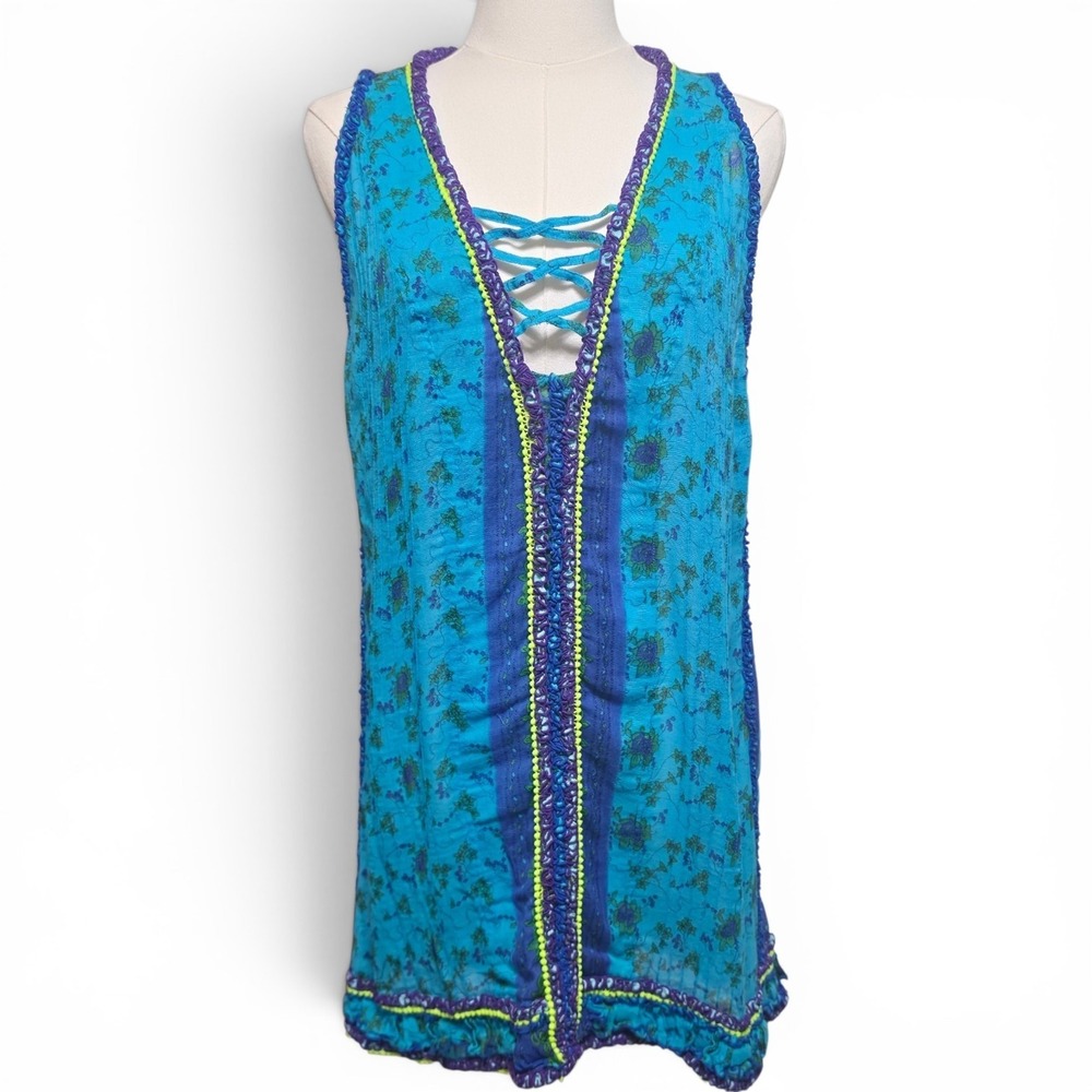 Popette St‎ Barth Women Turquoise Cotton Floral Lace Up Tunic Swim Cover Up M